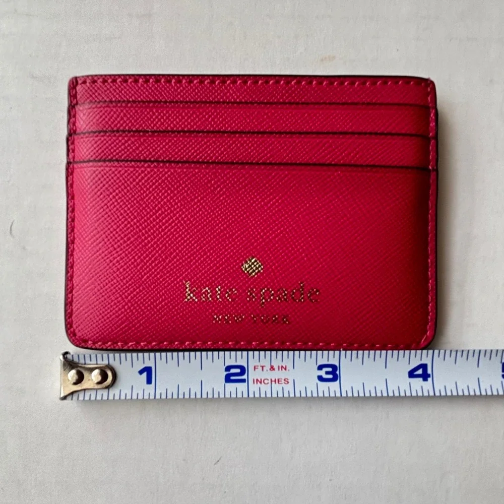 Kate Spade New York Pink Saffiano Leather Slim Card Holder Wallet Gold Logo